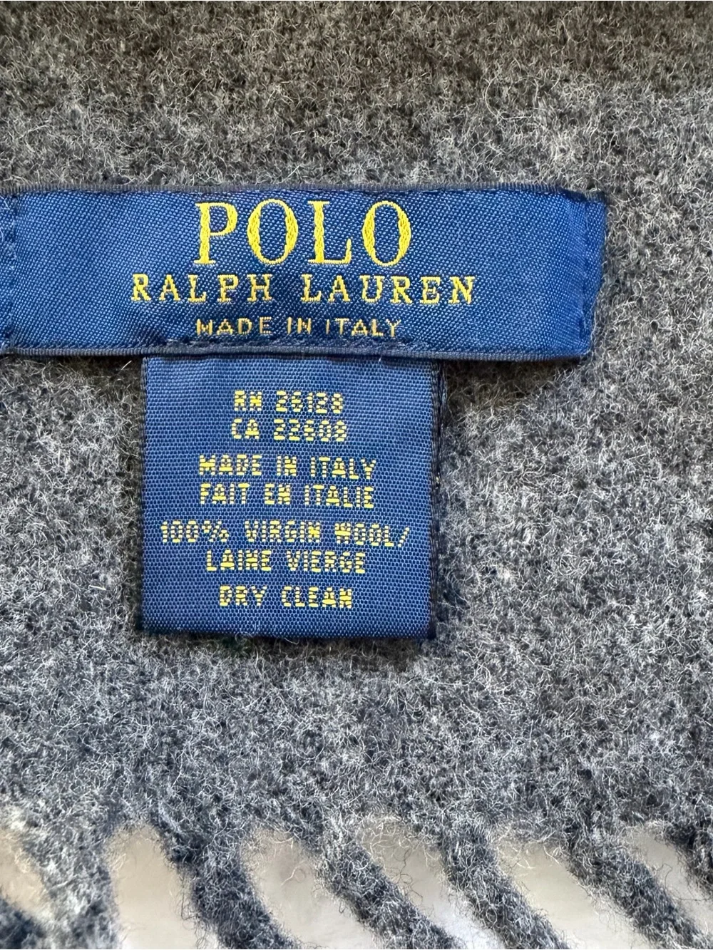Polo Ralph Lauren Italy 100% Virgin Wool Gray Fringe Scarf Big Pony 56”